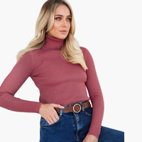Damen Turtleneck Pullover mit gerippten Bündchen und Saum – Ziegelrot