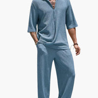 Herren Sommer Set mit Kurzarmhemd und elastischer Hose – Blau
