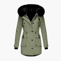 Damen Parka-Jacke mit Kapuze, Knopfverschluss und Pattentaschen – Grün