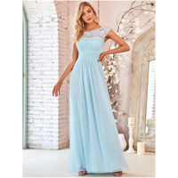 Damen Kleid mit Plissierten Kappenärmeln | Maxi – Himmelblau