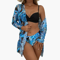 3-teiliges Damen-Bikini-Set - mit Kimono und High-Waist-Hose – Blau