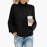 Damen pullover mit hohem Halsausschnitt und geripptem Saum – Schwarz