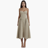 Midikleid Damen – Retro Corsagenkleid mit Trägern Sommer – Khaki