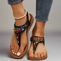 Berwinda | Flache Böhmische Gladiator-Sandalen – Schwarz