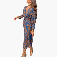 Midikleid für Damen - Blumenmuster, Langarm & V-Ausschnitt – Blau