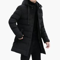 Herren Steppjacke Lang mit Kapuze und Reißverschluss – Schwarz