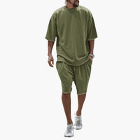 Herren Sommer Zweiteiler mit Kordelshorts und Oversize Shirt – Olivgrün