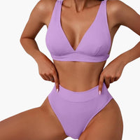 Geripptes Damen-Bikini-Set mit breiten Trägern für den Sommer – Lila