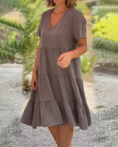 Louhi | Baumwoll-Leinen-Kleid mit V-Kragen