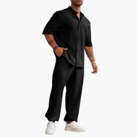 Herren Set mit Kurzarmhemd und langer Hose für Sommer – Schwarz