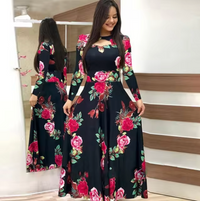 Heidi-Mode | Langarm-Maxi-Kleid mit Floralem Druck – Schwarz Rot 1