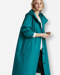 Langer Übergangs-Mantel für Damen mit Kapuze – Blau