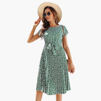Sommerkleid Damen - Blumenkleid mit Gürtel und Kurzarm – Grün