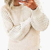 Damen pullover mit strukturierten Ärmeln und geripptem Saum – Beige