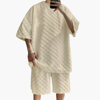 Herren Sommer Zweiteiler mit Jacquard Shirt und Shorts – Khaki