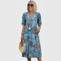 Maja | Damen Midikleid Bedruckt V-Ausschnitt Feminin Casual Sommer – Ozeanblau