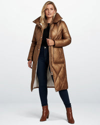 Lange Winterjacke für Damen mit hohem Pufferkragen | Große Größen – Braun
