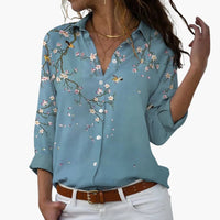 Blumendruck Damen - Bluse mit Knopfleiste und V-Ausschnitt – Himmelblau
