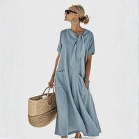 Elisa | Damen Midikleid Bindekragen Taschen Locker Casual Komfort – Blau
