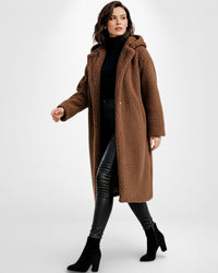 Langer Teddy-Fleece Mantel für Damen mit Kapuze – Braun