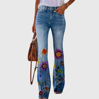 Nicole | Damen Jeans Blumenmuster Figurbetonend Modern Casual Trend – Rote Blume