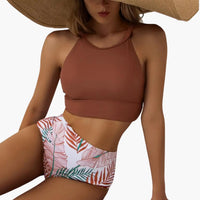 Blumenmuster High-Waist Bikini - Damen Zweiteiler für den Sommer – Braun