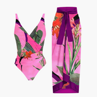 Badeanzug mit Überwurf - Damen Einteiler mit Strandrock – Flamingo