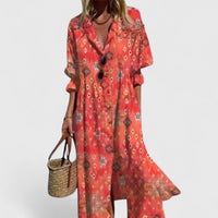 Edith | Damen Blumen Midikleid Knopfleiste Romantic Casual Sommer – Rouge