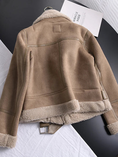Geneviev | Bequemer Damen-Wintermantel aus Wildleder mit verstellbarem Gürtel und Fleece-Futter