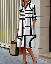 Elegantes Kleid mit geometrischem Muster für Frauen | Midi – Schwarz