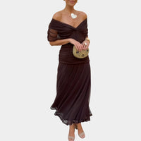 Lilian | Damen Off-Shoulder Abendkleid Elegant Festlich Feminin – Braun