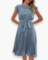 Damen Elegantes Plissee Kleid | Taille Schleife – Hell Blau