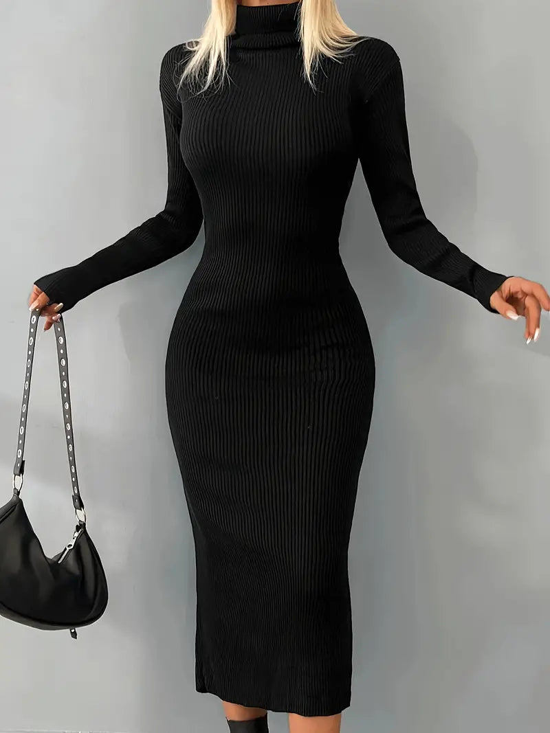 Slimi | Schlankes Strickkleid mit Rollkragen, elegantes Midikleid mit langen Ärmeln