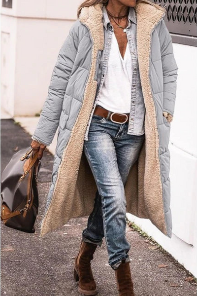 Kassiopeia | Langer, wendbarer Damenmantel mit Kapuze, Fleece-Futter und Taschen