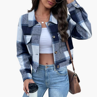 Damen Karierte Jacke mit Knopfverschluss – Blau