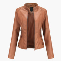 Damen Bikerjacke mit Stehkragen und Reißverschlusstaschen – Hellbraun