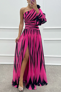 Katrina | Einschulter Asymmetrisch Maxi Hochzeitsgastkleid – Rosé Rot