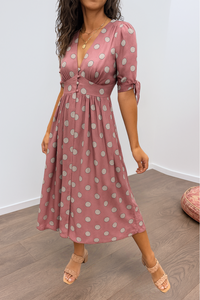 Aleksandra - Elegant Polka Dot Dress with V-neck – Rosa