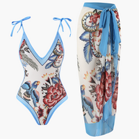 Badeanzug-Set für Damen - mit Blumenmuster und Pareo-Überwurf – Hellblau