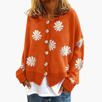 Damen Strickjacke mit Knopfverschluss und Blumenmuster – Orange