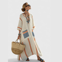 Anke | Damen Maxikleid V-Ausschnitt Locker Fließend Sommer Casual – Beige Orange