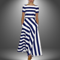 Natalia | Handgefertigtes Langarmkleid mit Streifen – Marine