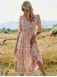Damen Lässig Blumendruck Ibiza Kleid | Midi – Rosa
