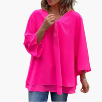 Halb-Zip Langarmshirt - Damen V-Ausschnitt Oberteil Casual – Dunkelrosa