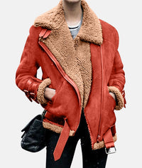 Fleece-gefütterte Wildlederjacke mit Gürtel für Frauen – Rot