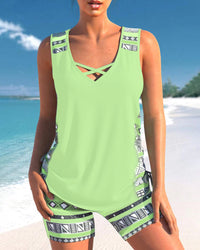 Helena - Tankini mit geometrischem Muster und V-Ausschnitt – Hellgrün