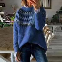 Norweger Grobstrickpullover Damen | Winterpullover Mit Rundhalsausschnitt – Dunkelblau