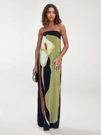 Langarmes langes Kleid mit abstrannt floristischem Druck – Grün