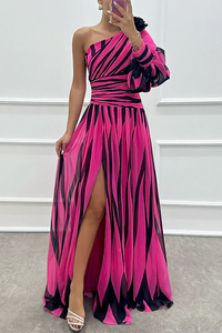 Vanessa | Einschulter Gestreift Maxikleid – Rosé Rot
