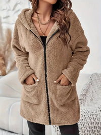 Damen ELEGANTER REISSVERSCHLUSS-PATCH-TASCHEN LANGARM PLÜSCH KAPUZENMANTEL | STILVOLL, BEQUEM, WARM – Khaki